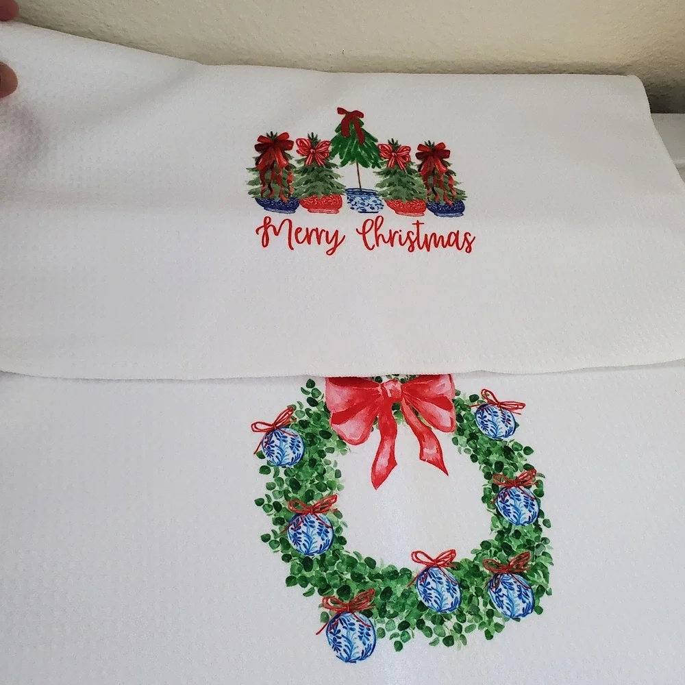 Christmas Waffle Weave Hand Towels Set of 2 Chinoiserie Trees Wreath White Red